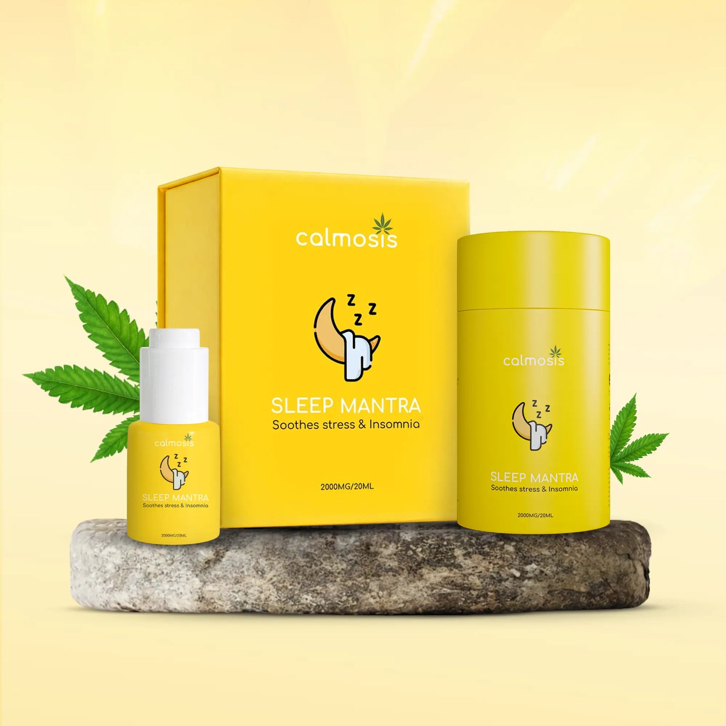 Yellow 'calmosis' sleep mantras cannabis product set on a light yellow background