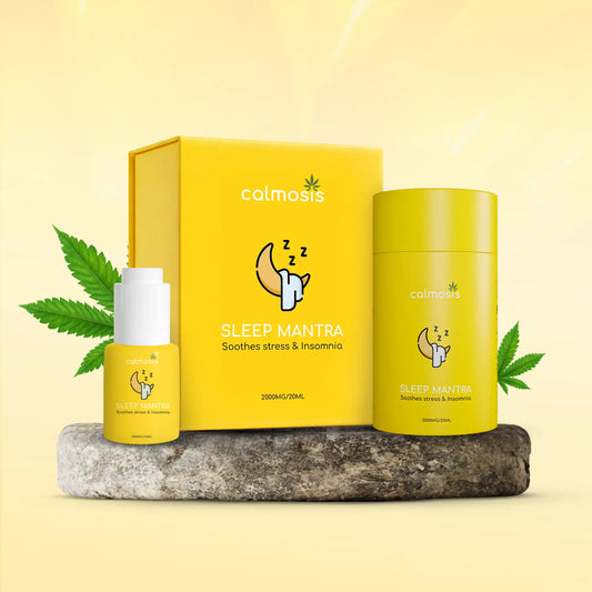 Yellow 'calmosis' sleep mantras cannabis product set on a light yellow background