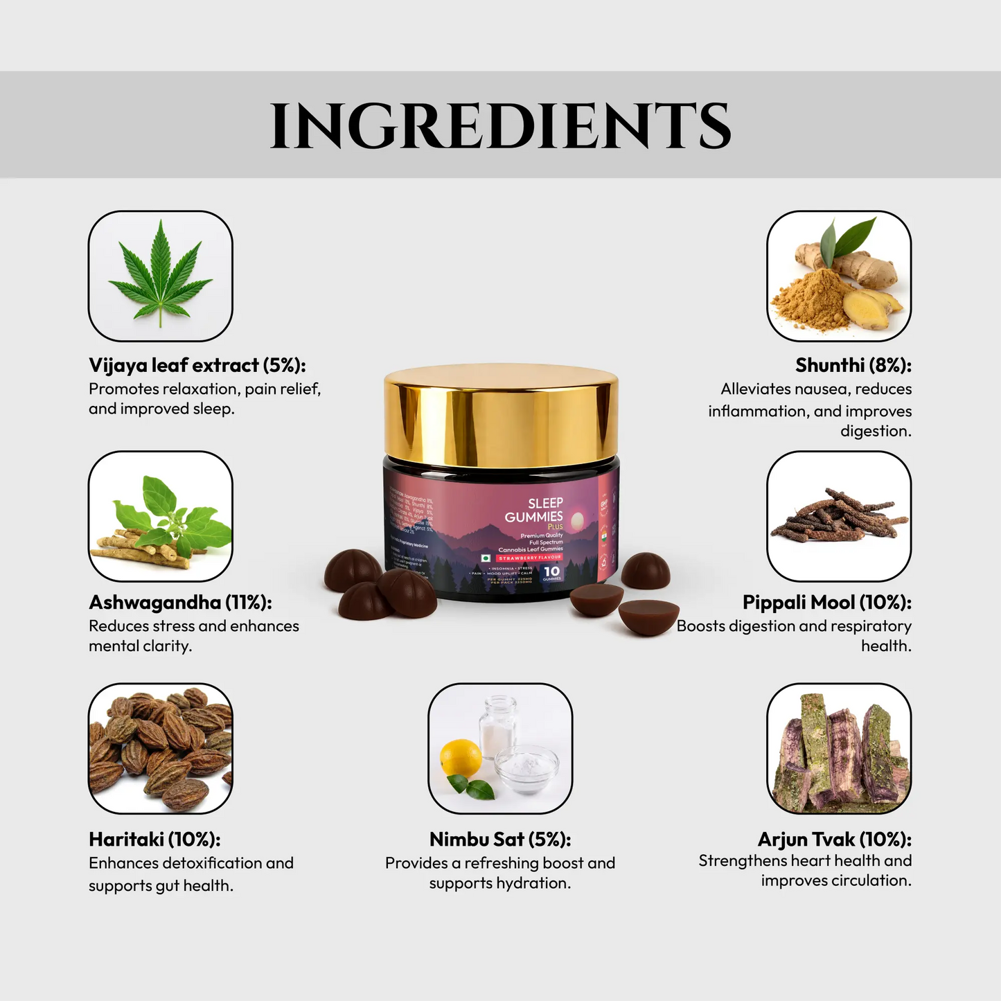Sleep gummies with ingredients listed on a white background