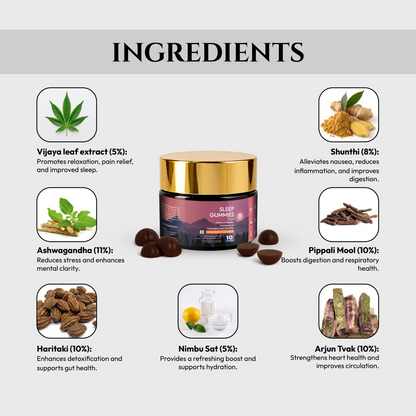 Sleep gummies with ingredients listed on a white background