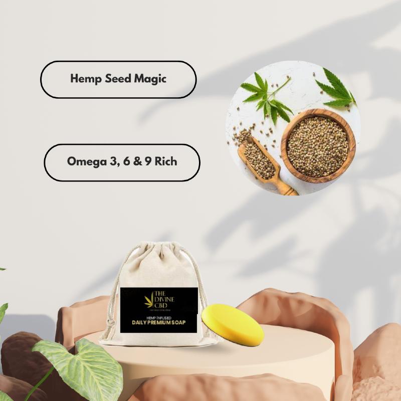 Promotional image for CBD hemp-infused soap, featuring a bag with soap, hemp seeds, and text "Hemp Seed Magic" and "Omega 3, 6 & 9 Rich."

