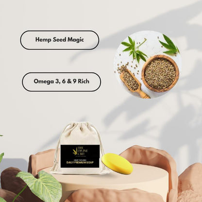 Promotional image for CBD hemp-infused soap, featuring a bag with soap, hemp seeds, and text "Hemp Seed Magic" and "Omega 3, 6 & 9 Rich."

