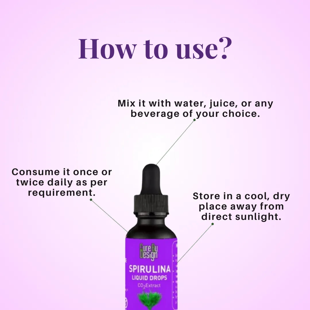 Spirulina liquid drops bottle with usage instructions on a purple background
