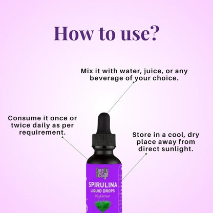 Spirulina liquid drops bottle with usage instructions on a purple background
