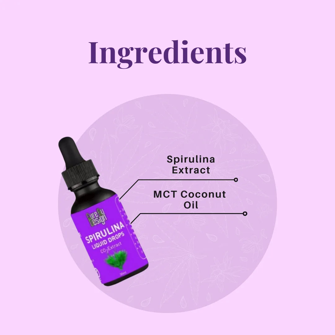 Purple bottle labeled 'Spirulina Liquid Drops' with text indicating ingredients on a purple background