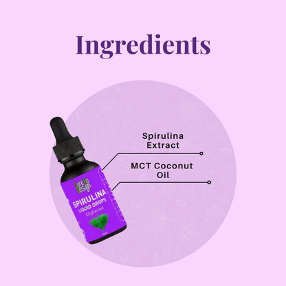 Purple bottle labeled 'Spirulina Liquid Drops' with text indicating ingredients on a purple background