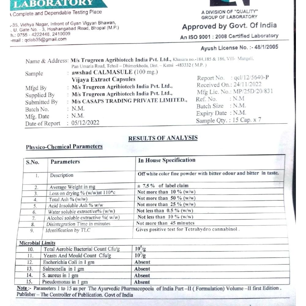 A laboratory quality control report document with tables of analysis results and a signature.