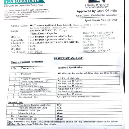 A laboratory quality control report document with tables of analysis results and a signature.