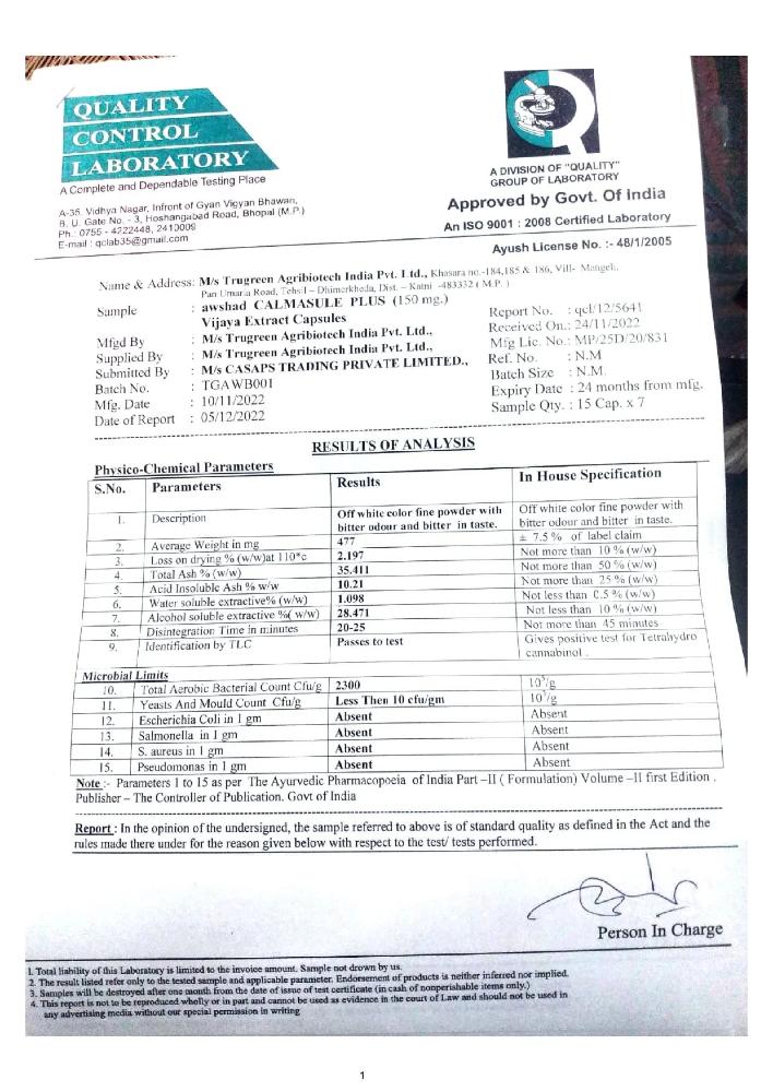 A laboratory test report detailing physico-chemical and microbial analysis results of CALMASHORROM CAPSULES with a signature at the bottom.