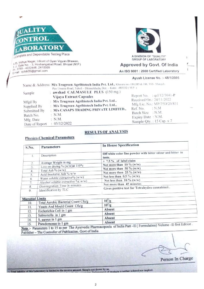 Document of quality control laboratory analysis with test results of Calmashrrom plus thc capsules