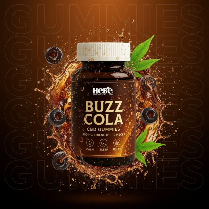 Hero CBD Buzz Cola gummies packaging with splashes and leaves on a dark background
