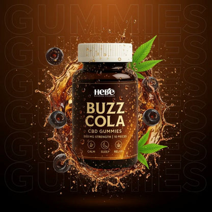 Hero CBD Buzz Cola gummies packaging with splashes and leaves on a dark background
