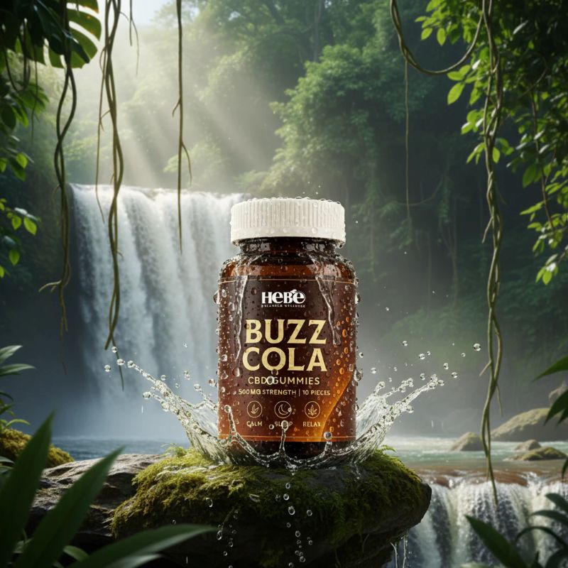 Jar of 'Buzz Cola' mix-n-mixes with a waterfall and lush greenery in the background