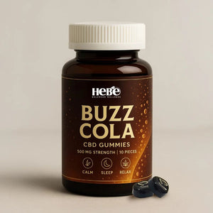 Bottle of 'Buzz Cola' CBD gummies with a brown label on a beige background