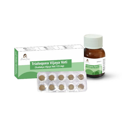  Package of Paarmi Cares Ayurvedic medicine called Trialoguea Vijaya Vati, featuring a box, a glass bottle, and pack of tablets.
