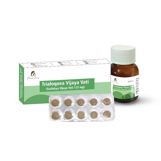  Package of Paarmi Cares Ayurvedic medicine called Trialoguea Vijaya Vati, featuring a box, a glass bottle, and pack of tablets.