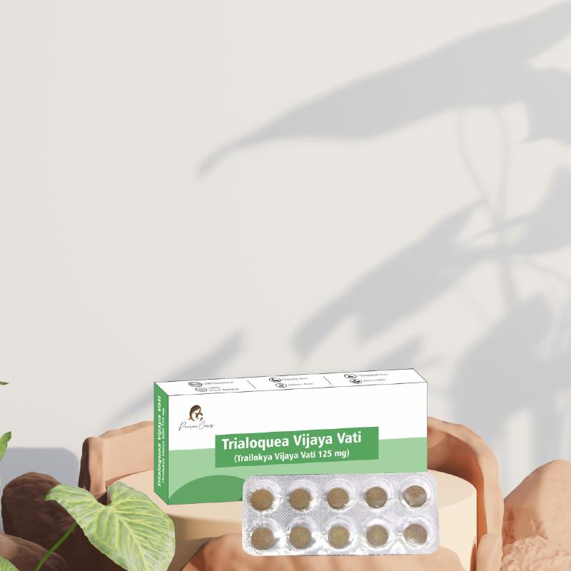 Medication box labeled "Trialoquea Vijaya Vati" with a  pack of ten tablets in front, set against a light beige background with plant shadows.