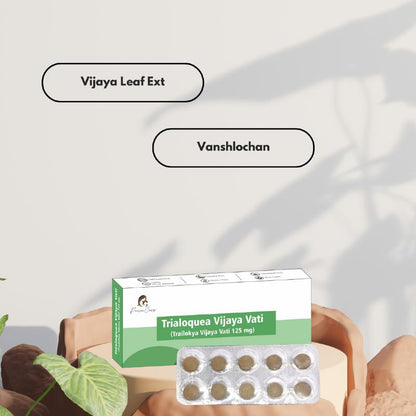  Product display of Trialoguea Vijaya Vati supplement by Paarmi Cares with a box, blister pack, and two text buttons labeled "Vijaya Leaf Ext" and "Vanshlochan."