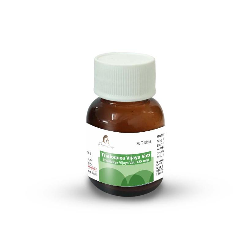 Brown plastic bottle with a white screw-on cap and a labeled front showcasing the product name Trialoquea Vijaya Vati.