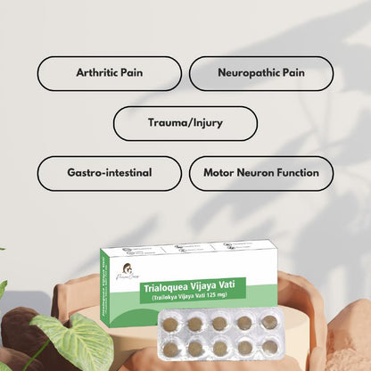 Medical product "Trialoquea Vijaya Vati" from Paarmi Cares with benefits listed.
