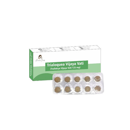 Box and blister pack of Trialoquea Vijaya Vati tablets (125 mg) by Paarmi Cares.