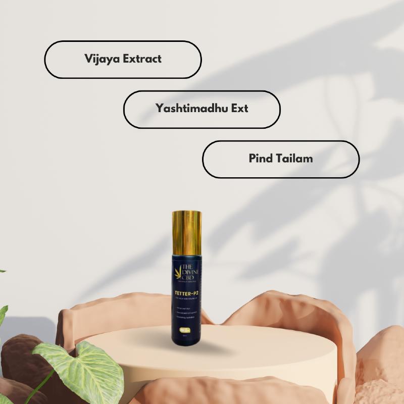 Gold cylindrical bottle labeled "THE DIVINE CBD TETTER-P2" on a cream stone platform, with text labels reading "Vijaya Extract".