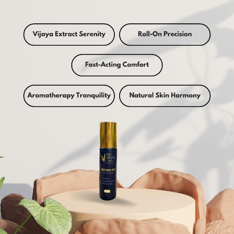 Promotional image featuring a dark blue and gold-capped bottle on a round platform, surrounded by five labels with product benefits.