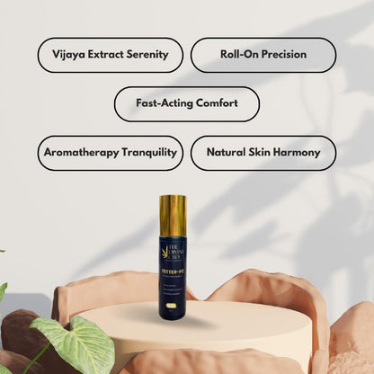 Promotional image featuring a dark blue and gold-capped bottle on a round platform, surrounded by five labels with product benefits.