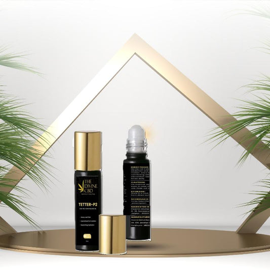 Two black cylindrical product containers with gold caps labeled "The Divine CBD Tetter-P2," one with a roll-on applicator.