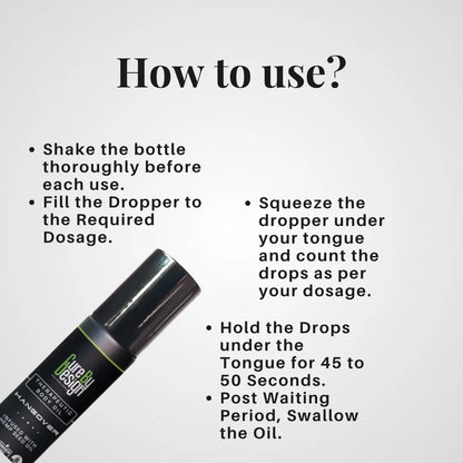 Instructions on how to use a dropper bottle for oil, with text and a black dropper bottle on a white background.