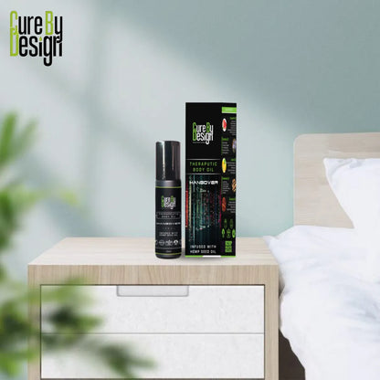 Cure By Design product on a nightstand with a blurred bedroom background