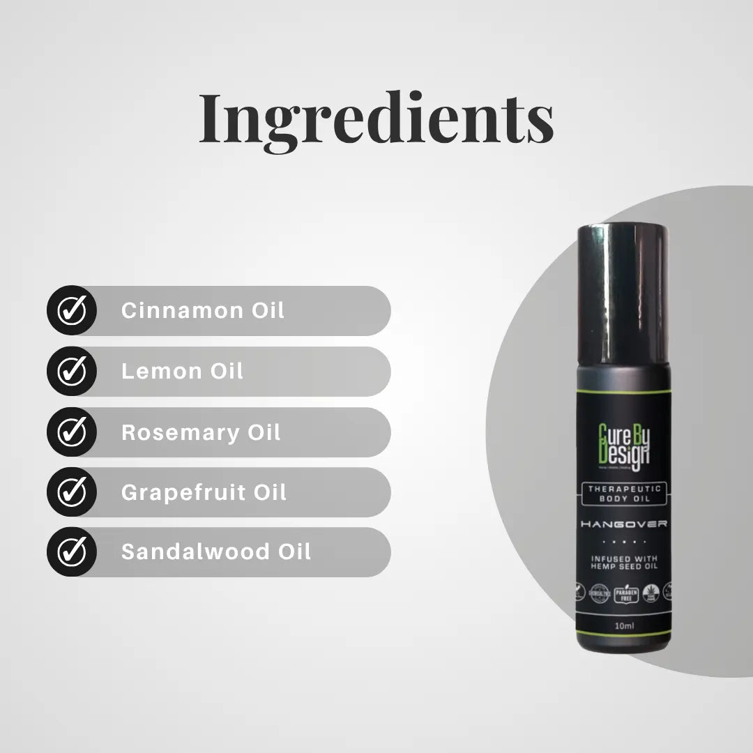 Therapeutic Body Oil Hangover by Cure by Design with ingredients listed on a gray background