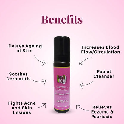 Pink bottle of 'Cure by Design' therapeutic body oil on a pink background with text listing benefits.