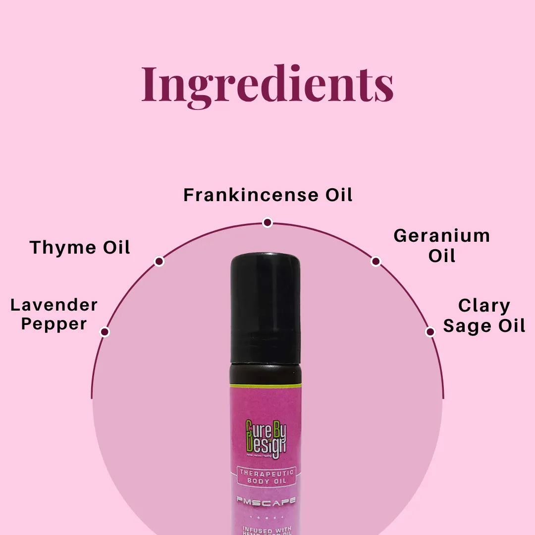 Therapeutic Body Oil PMScape by Cure by Design bottle with labeled ingredients on a pink background