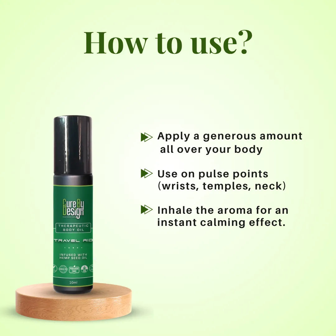 Cure by Design essential oil bottle with usage instructions on a light green background