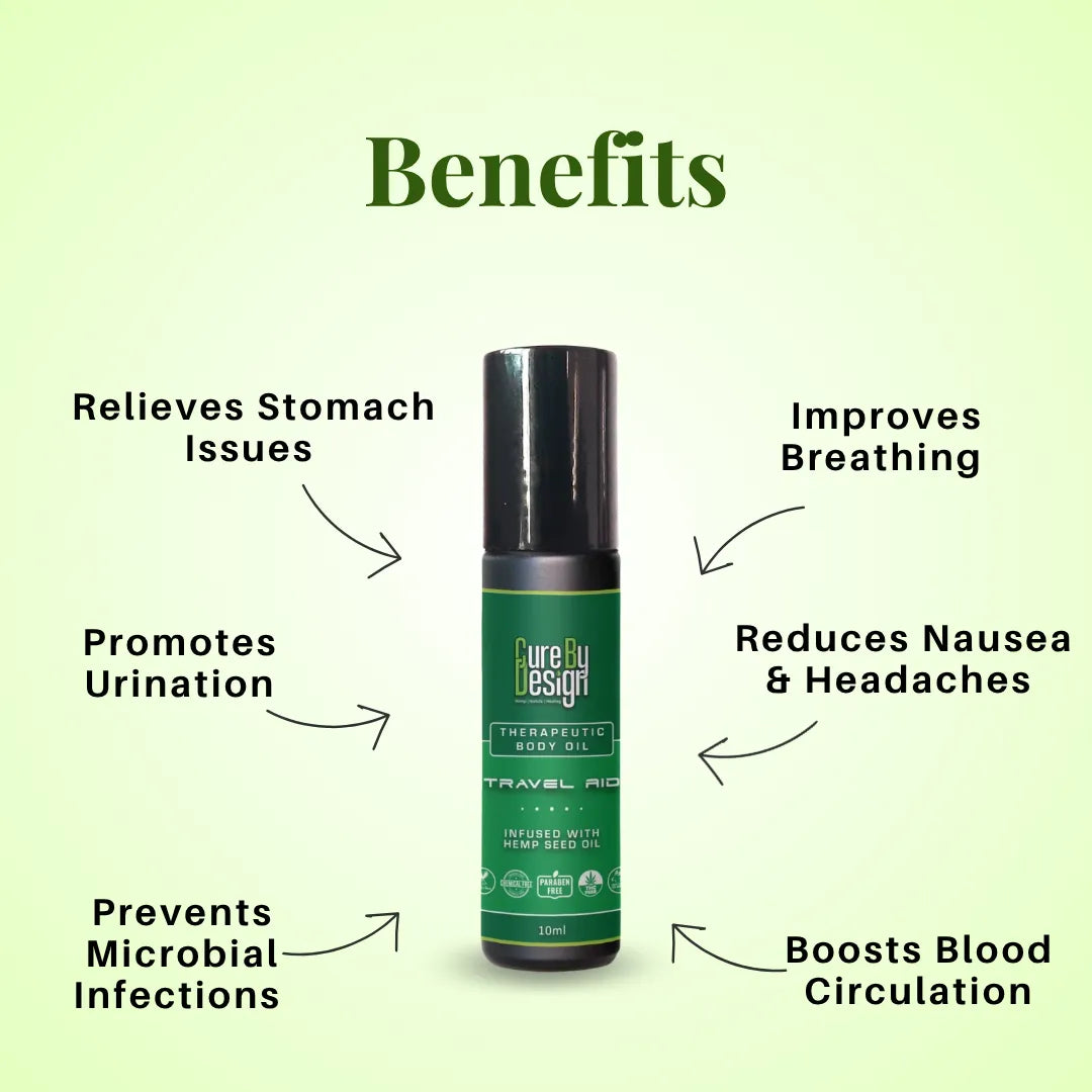 Therapeutic Body Oil by Cure by Design bottle with benefits listed on a green background