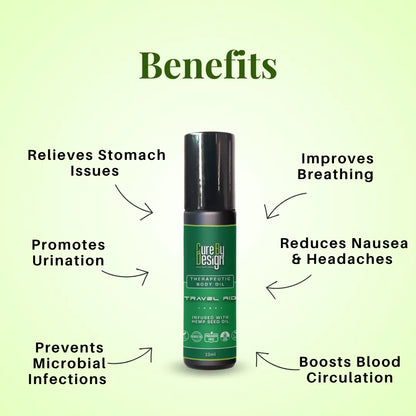 Therapeutic Body Oil by Cure by Design bottle with benefits listed on a green background