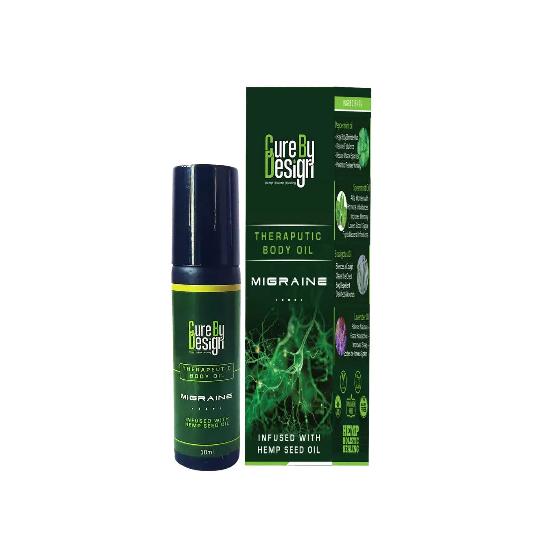 Cure by Design Migraine Therapeutic Body Oil with packaging on a white background