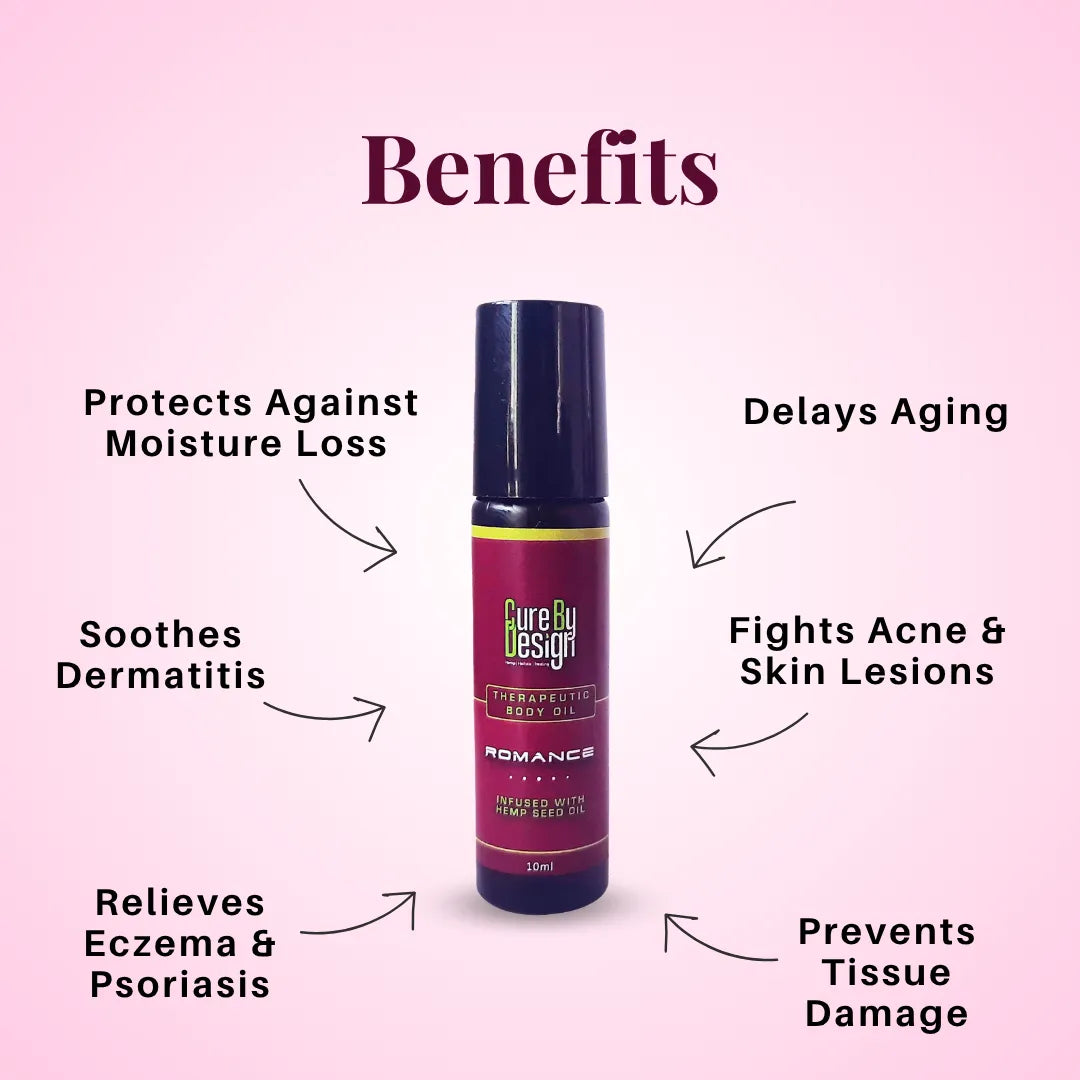Cure by Design product with benefits listed on a pink background