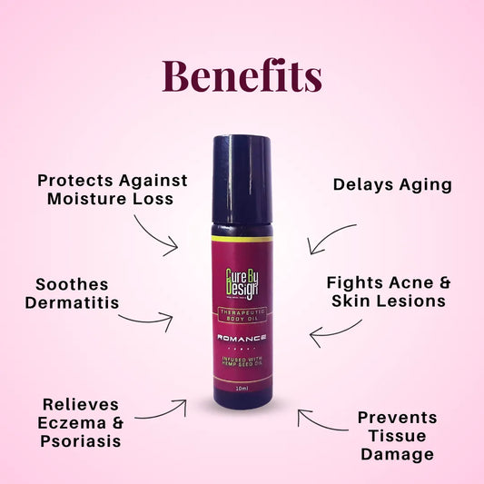 Cure by Design product with benefits listed on a pink background