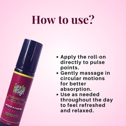 Therapeutic Healing Roll-on - Romance, bottle with usage instructions on a pink background