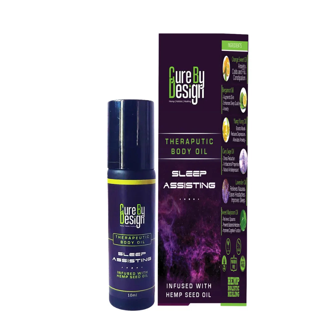 Cure by Design Sleep Assisting Therapeutic Body Oil with packaging on a white background