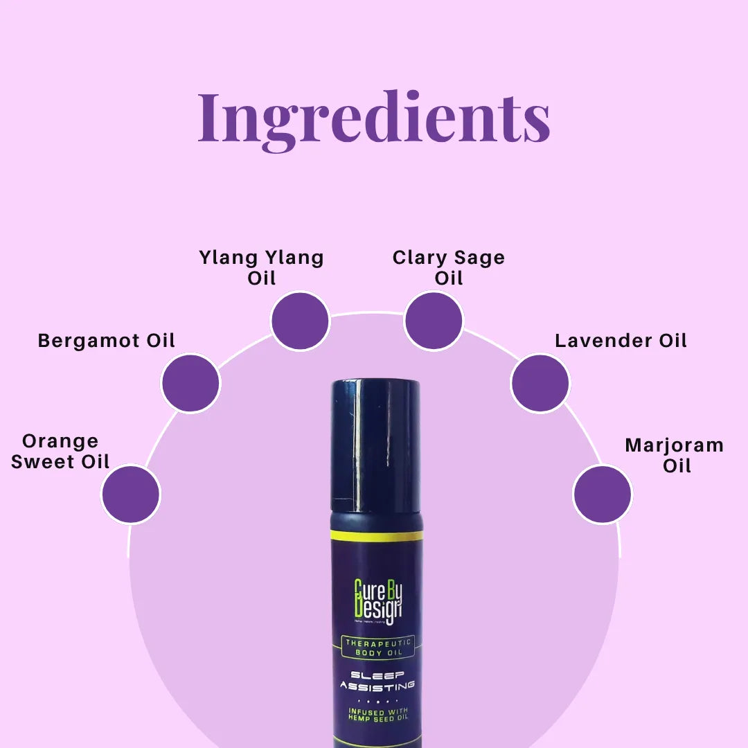 Cure by Design Therapeutic Healing Roll-on - Sleep Assisting body oil bottle with listed ingredients on a purple background