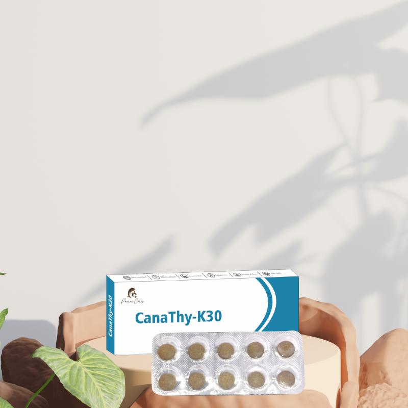 Box of CanaThy-K30 medication with a blister pack of round tablets in front.