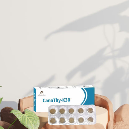 Box of CanaThy-K30 medication with a blister pack of round tablets in front.