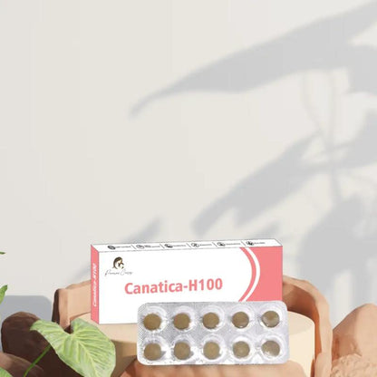 Medication box and blister pack of "Canatica-H100" by Paarmi Cares with tablets in a neutral background and some greenery.