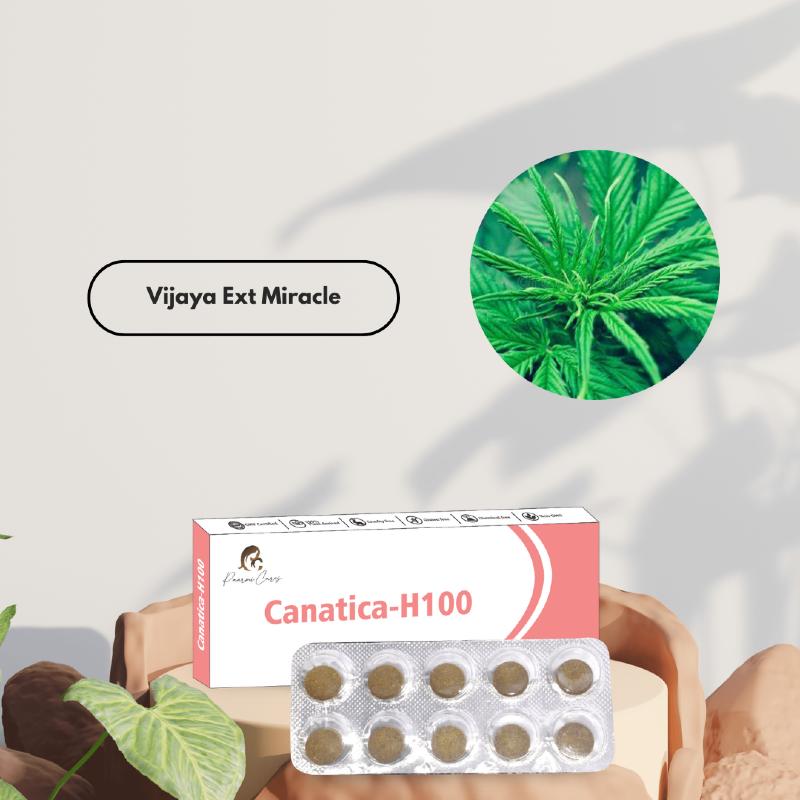  "Canatica-H100 tablets packaging from Paarmi Cares with a close-up of a green plant and the text 'Vijaya Ext Miracle.'"