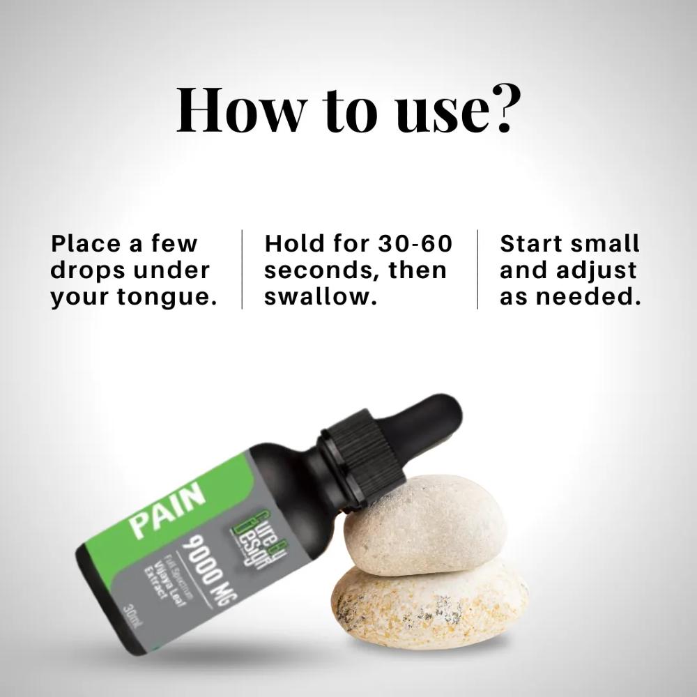 Bottle of Cure By Design pain relief CBD drops with usage instructions on a light gray background