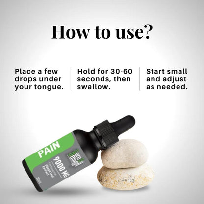 Bottle of Cure By Design pain relief CBD drops with usage instructions on a light gray background