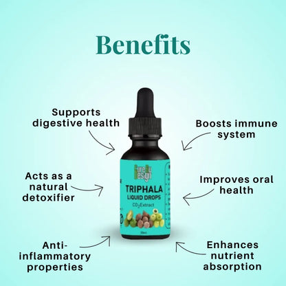 Cure By Design Triphala Liquid Drops bottle with listed benefits on a light blue background